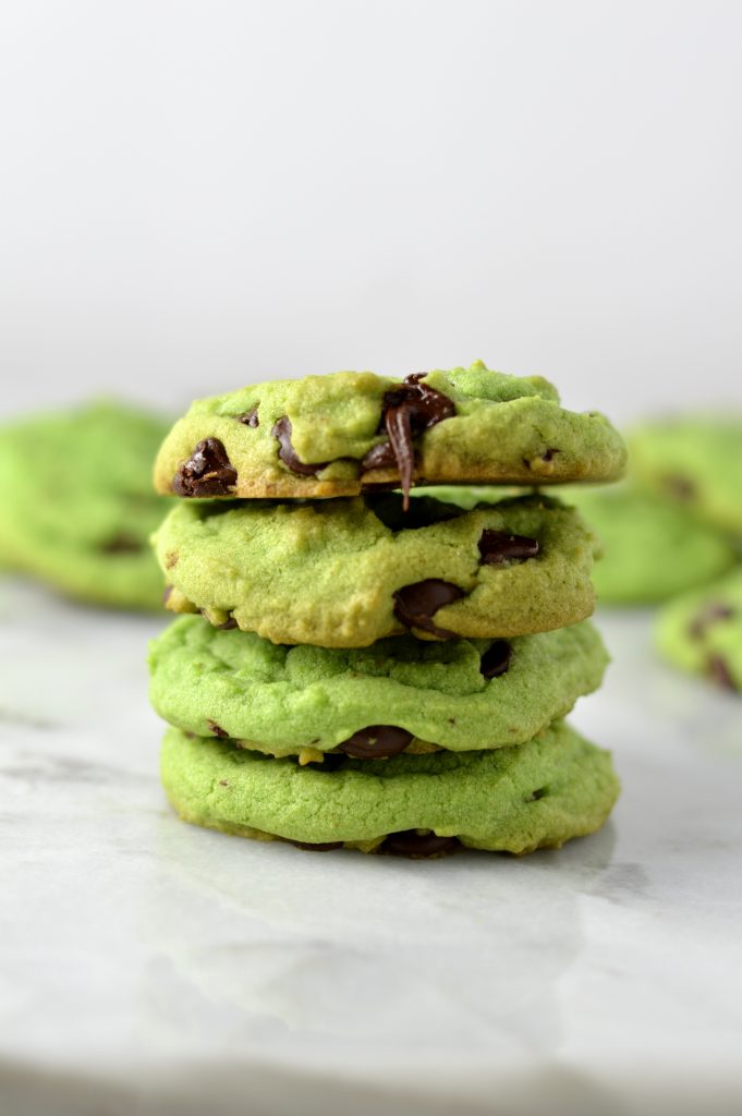 Easy Mint Chocolate Chip Cookies recipe. Made with mint extract, these green cookies are perfect for St. Patrick's Day or as a fun snack.