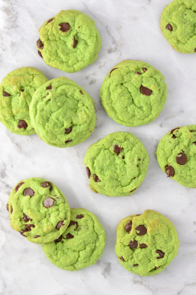 Easy Mint Chocolate Chip Cookies recipe. Made with mint extract, these green cookies are perfect for St. Patrick's Day or as a fun snack.