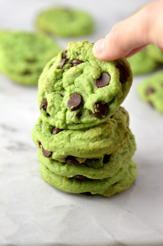 Easy Mint Chocolate Chip Cookies recipe. Made with mint extract, these green cookies are perfect for St. Patrick's Day or as a fun snack.