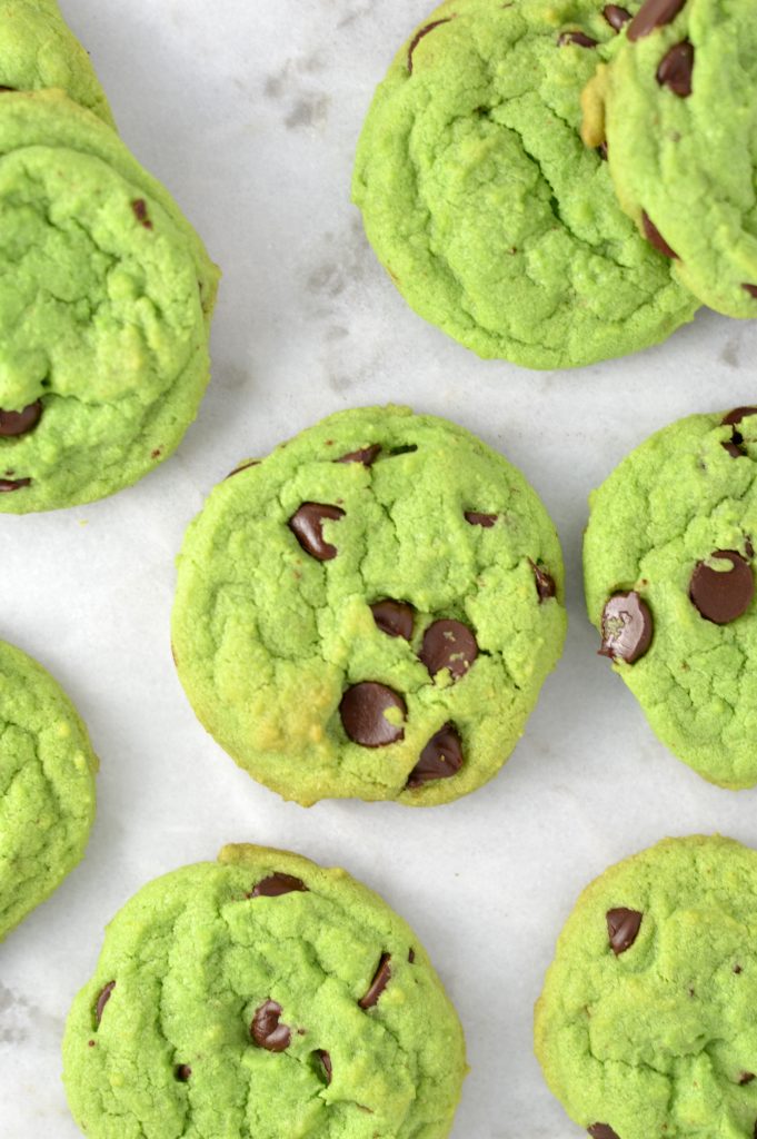 Easy Mint Chocolate Chip Cookies recipe. Made with mint extract, these green cookies are perfect for St. Patrick's Day or as a fun snack.