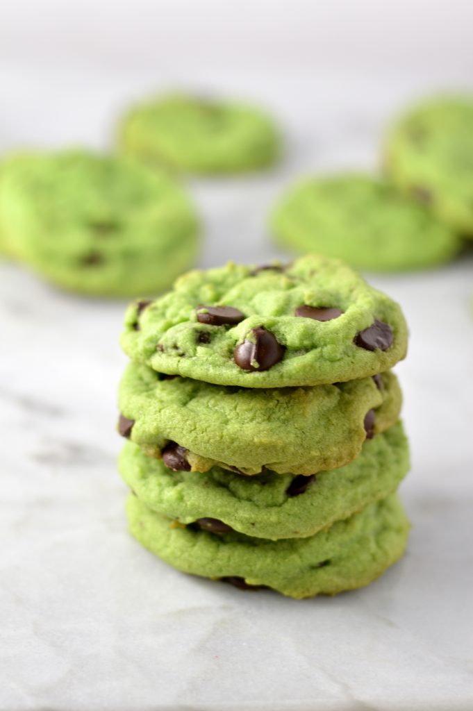 Easy Mint Chocolate Chip Cookies recipe. Made with mint extract, these green cookies are perfect for St. Patrick's Day or as a fun snack.