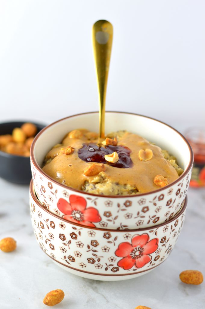 Healthy Peanut Butter and Jelly Oatmeal recipe. This porridge can be made vegan, it makes a great quick and easy breakfast idea.