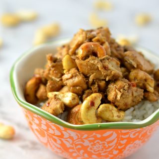 Easy Spicy Cashew Chicken recipe. Made with ingredients you probably have in your pantry, this makes a great weeknight dinner idea.