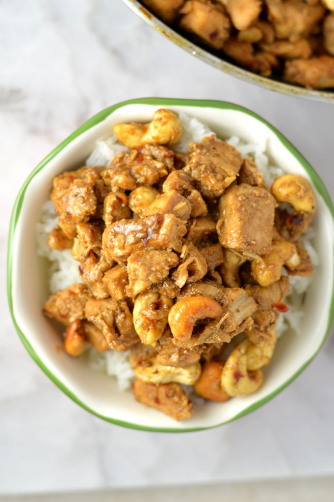 Easy Spicy Cashew Chicken recipe. Made with ingredients you probably have in your pantry, this makes a great weeknight dinner idea.