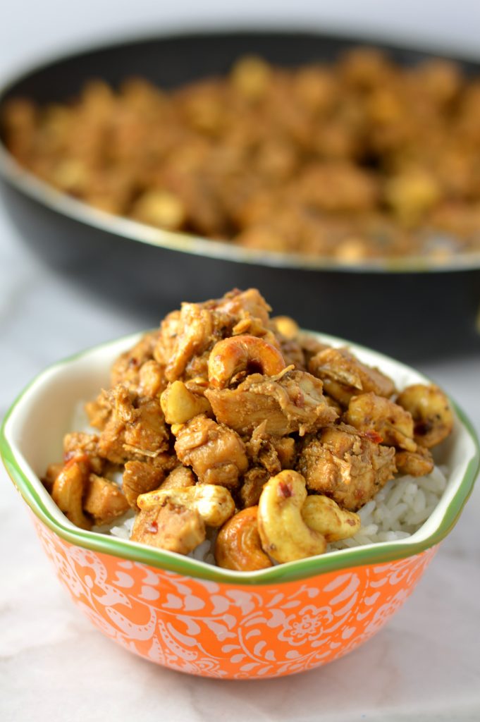 Easy Spicy Cashew Chicken recipe. Made with ingredients you probably have in your pantry, this makes a great weeknight dinner idea.