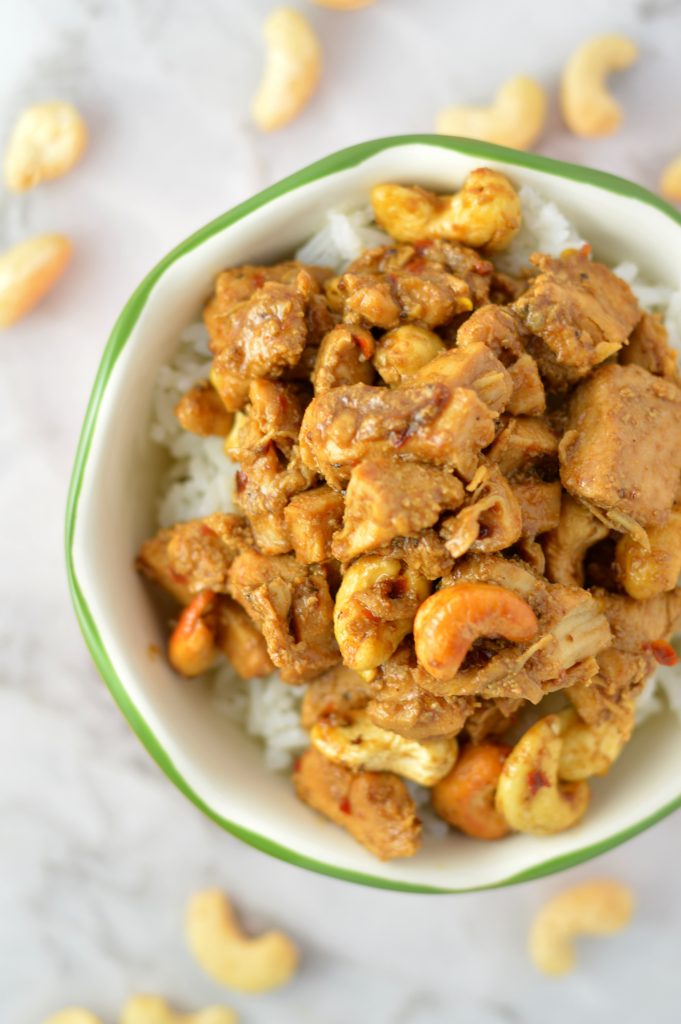 Easy Spicy Cashew Chicken recipe. Made with ingredients you probably have in your pantry, this makes a great weeknight dinner idea.