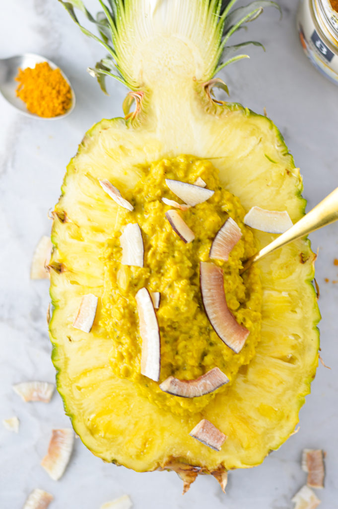 Microwave Turmeric Latte Pineapple Oatmeal Bowl