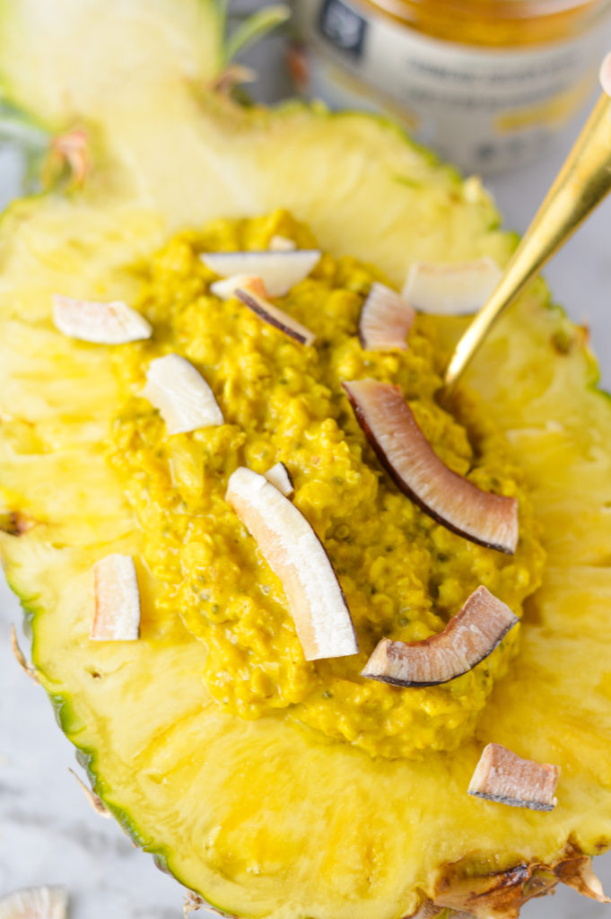 Microwave Turmeric Latte Pineapple Oatmeal Bowl