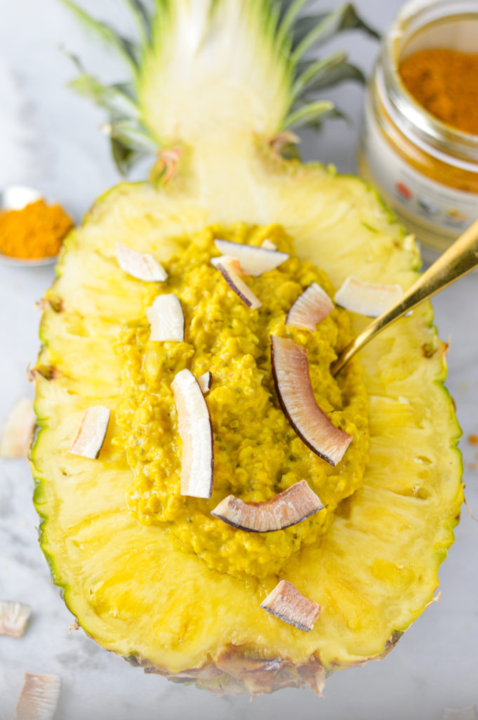 Microwave Turmeric Latte Pineapple Oatmeal Bowl