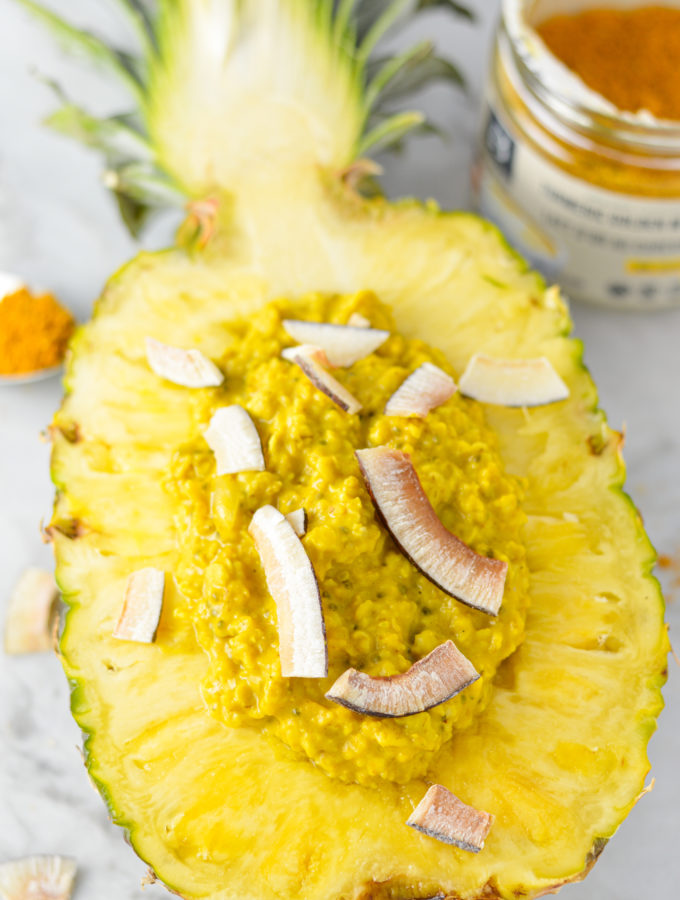 Microwave Turmeric Latte Pineapple Oatmeal Bowl