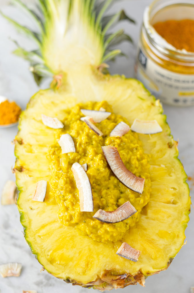 Microwave Turmeric Latte Pineapple Oatmeal Bowl