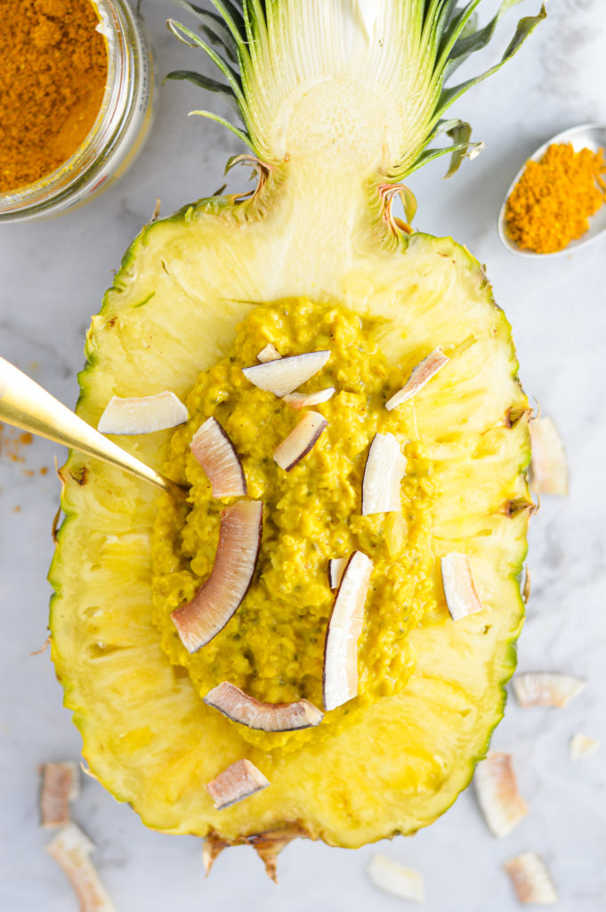 Microwave Turmeric Latte Pineapple Oatmeal Bowl