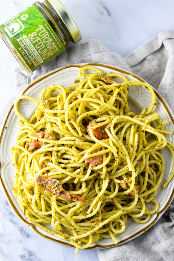 Sea Asparagus Pesto Salmon Pasta