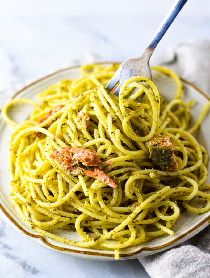 Sea Asparagus Pesto Salmon Pasta