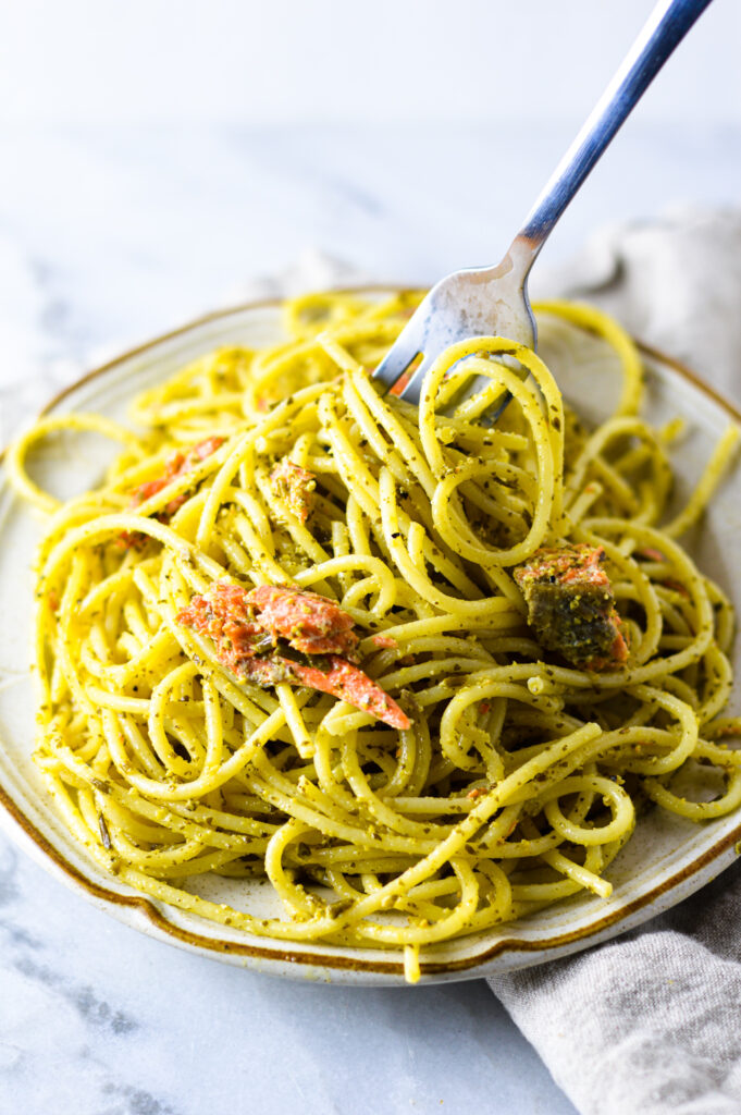 Sea Asparagus Pesto Salmon Pasta