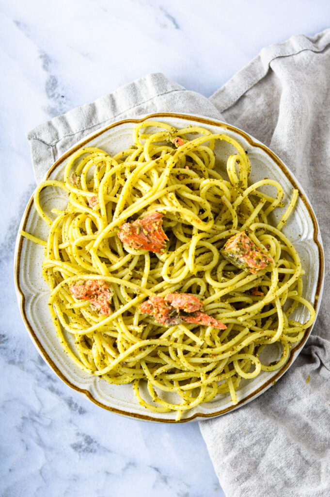 Sea Asparagus Pesto Salmon Pasta