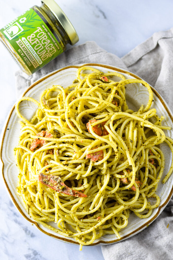 Sea Asparagus Pesto Salmon Pasta