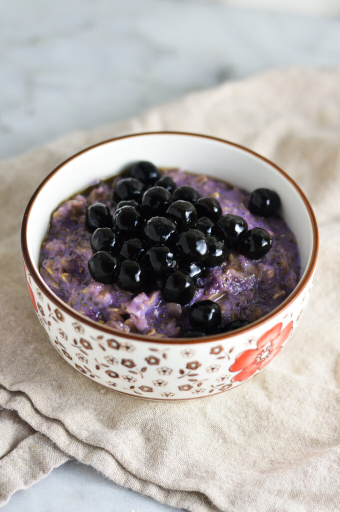 Taro Bubble Tea Oatmeal on a linen napkin.