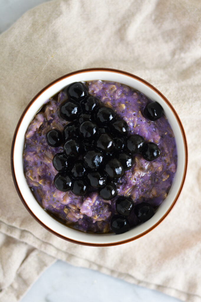 Overhead shot of Taro Bubble Tea Oatmeal.