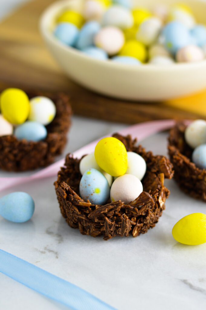 Almond Joy Easter Egg Nests on a granite surface. 