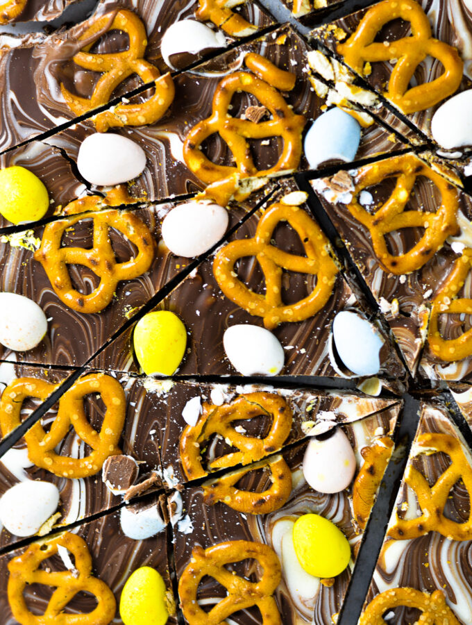 Sliced Chocllate Easter Bark with pretzels and mini eggs.