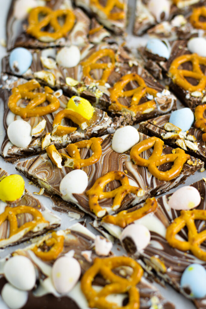 White and Semi-sweet chocolate swirled Easter Bark cut into slices.