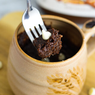 A fork with a bite of White Chocolate Nutella Mug Cake.