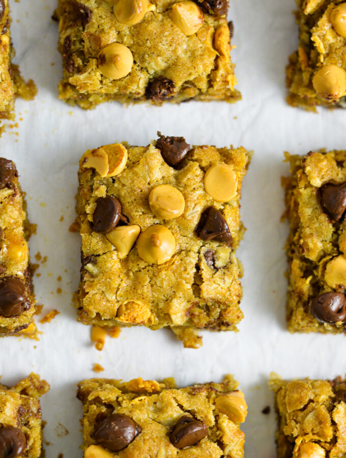 Overhead view of Oatmeal Butterscotch Chocolate Chip Cookie Bars sliced into squares.