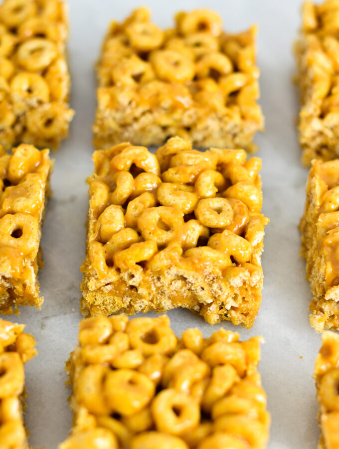 Peanut Butter Cheerio Bars on a granite surface.