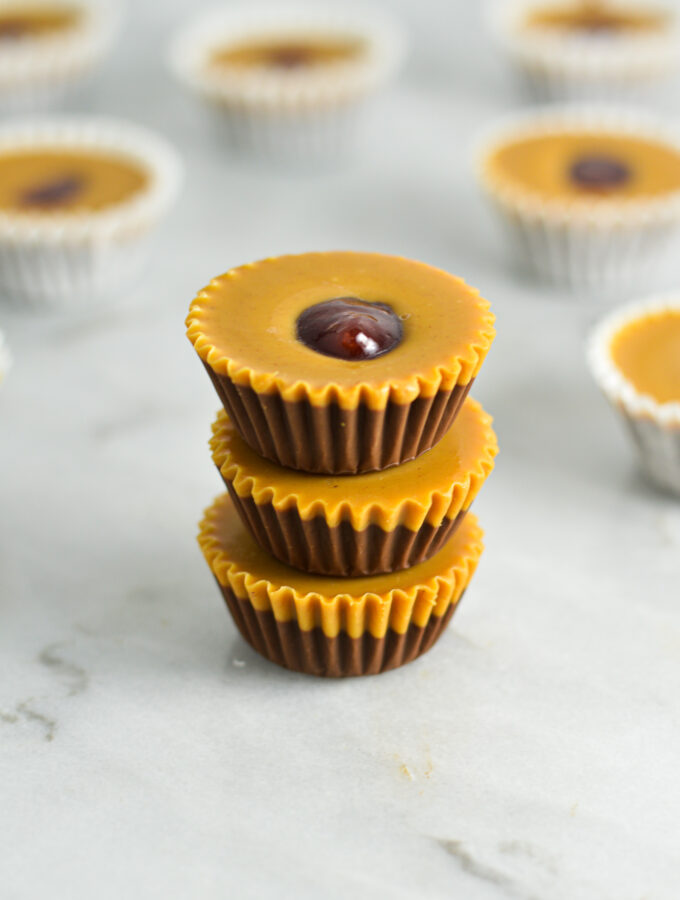 A stack of creamy Peanut Butter and Jelly Nutella Cups.