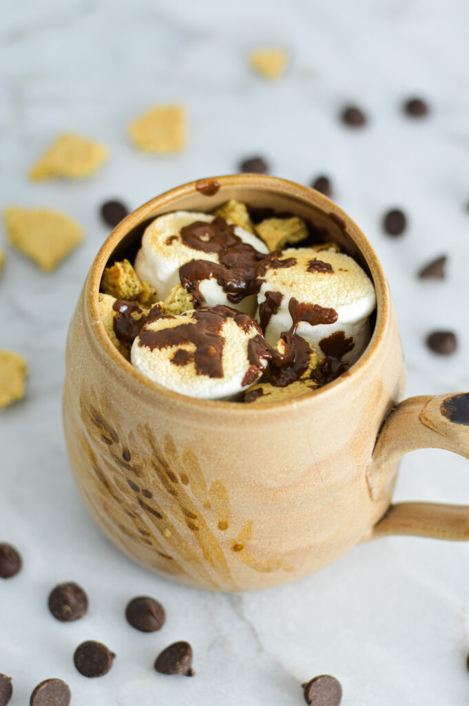 S'mores Mug Cake with graham cracker pieces and chocolate chips surrounding it.