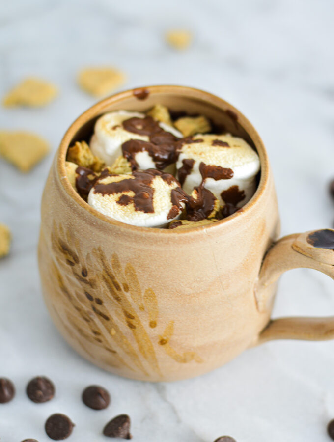 S'mores Mug Cake with toasted marshmallows and melted chocolate chips on top.