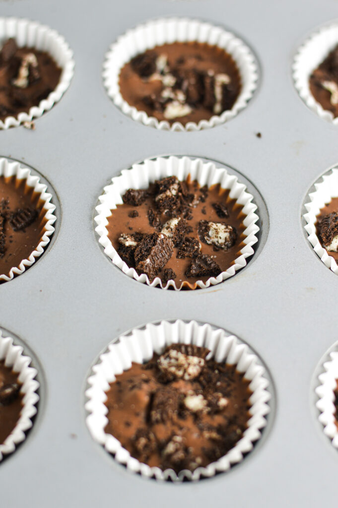 Mini Oreo Nutella Cups in a mini muffin tin.