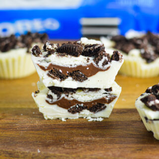 Nutella Stuffed Oreo Cups topped with crushed Oreo cookies.