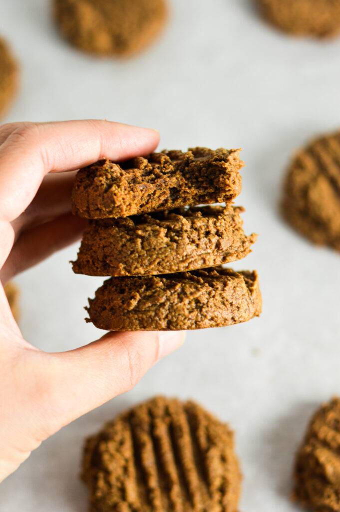 A hand holding a stack of Peanut Butter Mocha Protein Cookies.