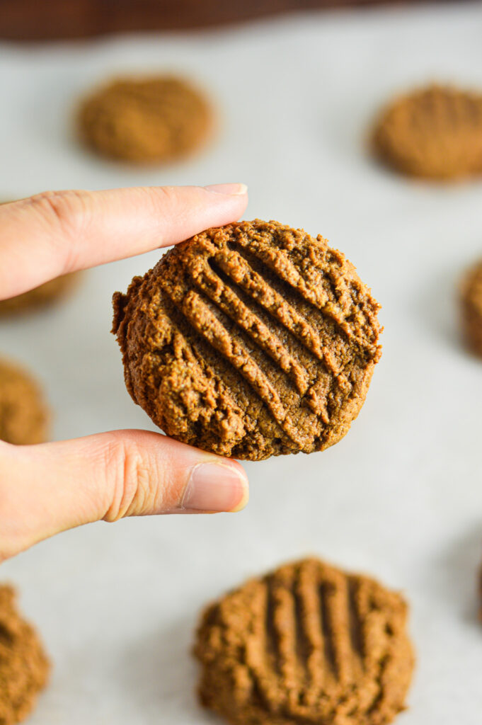 A hand holding one fork marked Peanut Butter Mocha Protein Cookie.