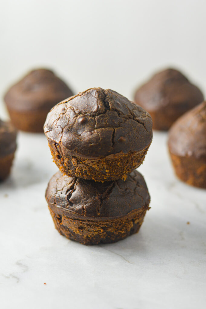 A stack of Healthy Mocha Muffins with no paper liners.