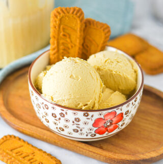 A bowl of Ninja Creami Biscoff Ice Cream with two Biscoff cookies sticking out of the rich, creamy ice cream.