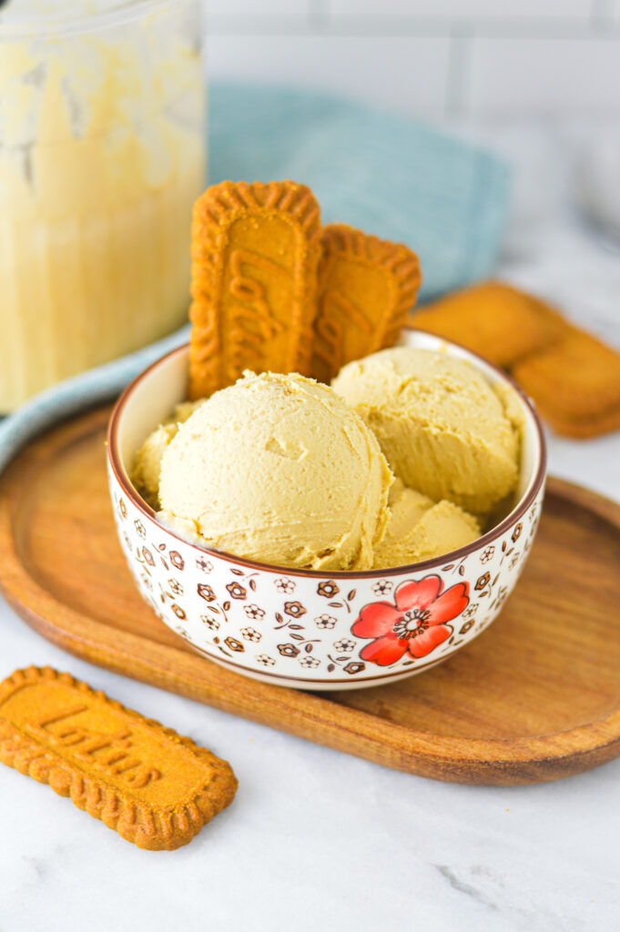 A bowl of Ninja Creami Biscoff Ice Cream with two Biscoff cookies sticking out of the rich, creamy ice cream.