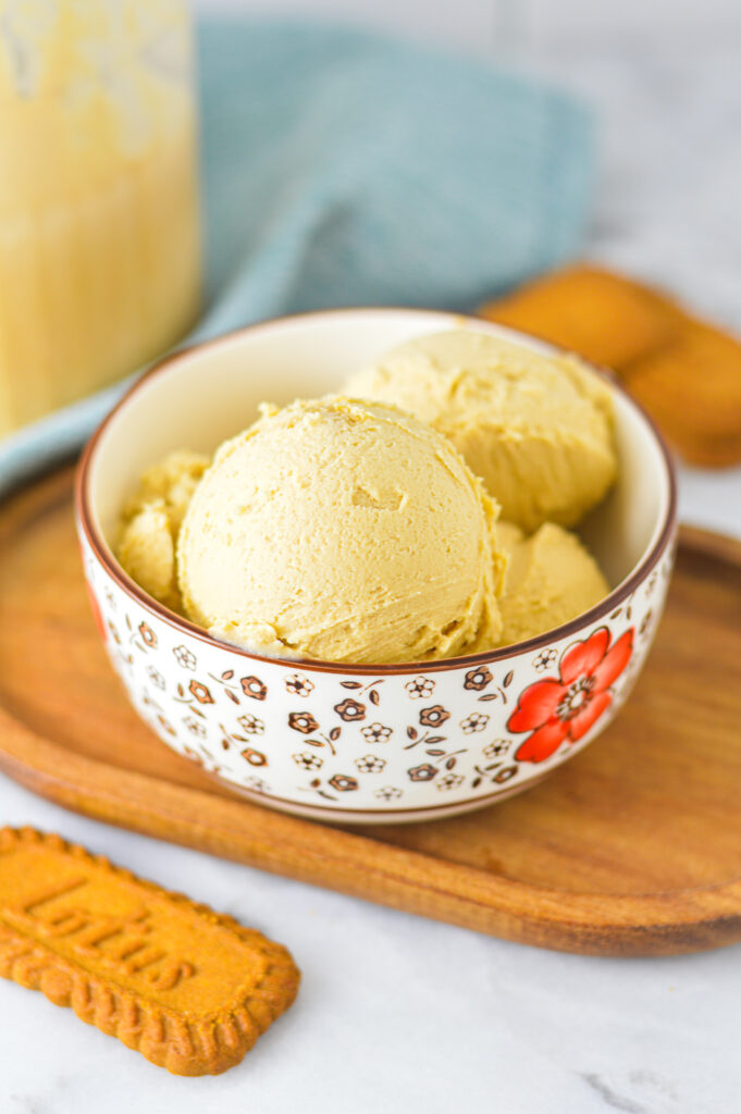 A small bowl of Ninja Creami Biscoff Ice Cream with crunchy Biscoff cookies in the background.