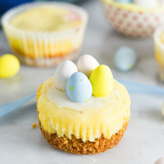 Easter Egg Mini Cheesecakes with a graham cracker crust base and topped with pastel colored chocolate eggs.