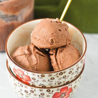 Scoops of Ninja Creami Lite Chocolate Pudding Ice Cream inside a small bowl, with a small golden spoon sticking out of the homemade ice cream.