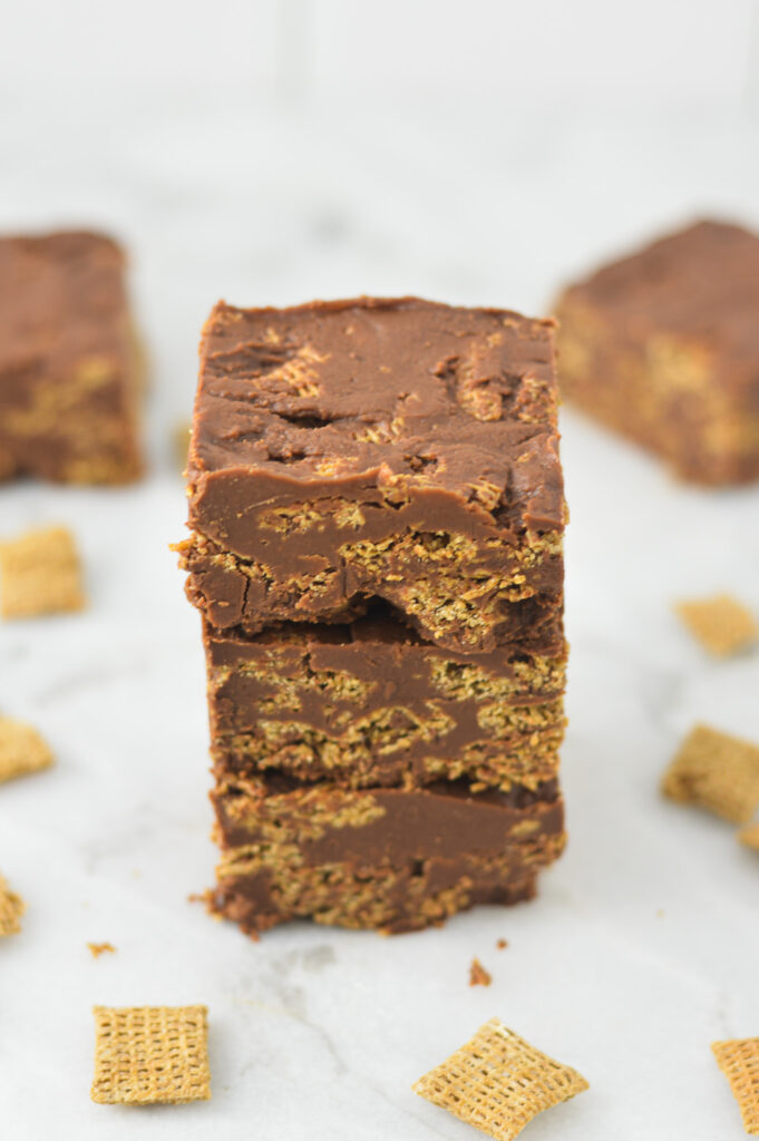 A stack of fudgy Peanut Butter and Chocolate Chex Bars.