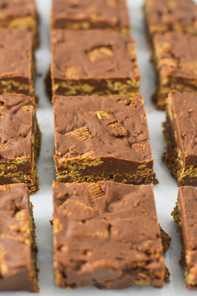 Peanut Butter and Chocolate Chex Bars lined neatly on a granite surface.