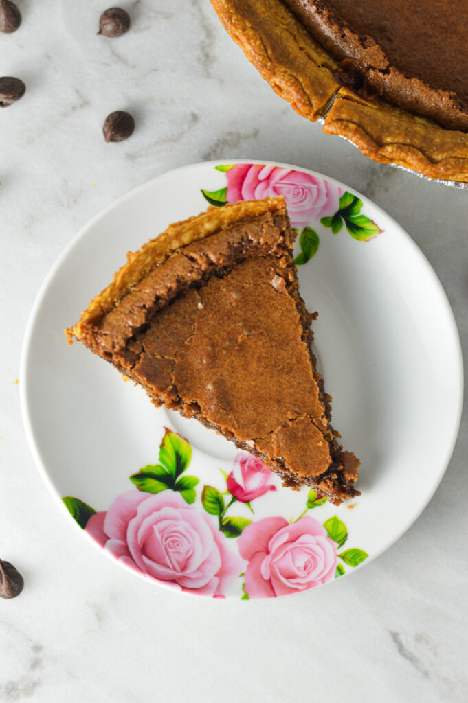 An overhead shot of a Chocolate Chess Pie slice, showing the rich and fudgy filling.