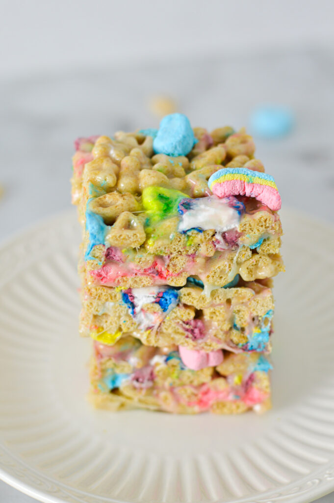 A stack of Lucky Charms Treats packed with colorful marshmallow shapes.