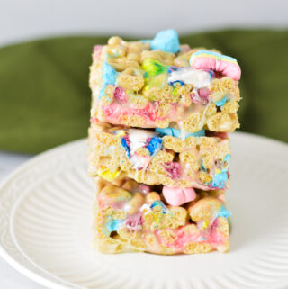 A stack of fun and nostalgic Lucky Charms Treats, packed with St Patrick's Day themed marshmallows.